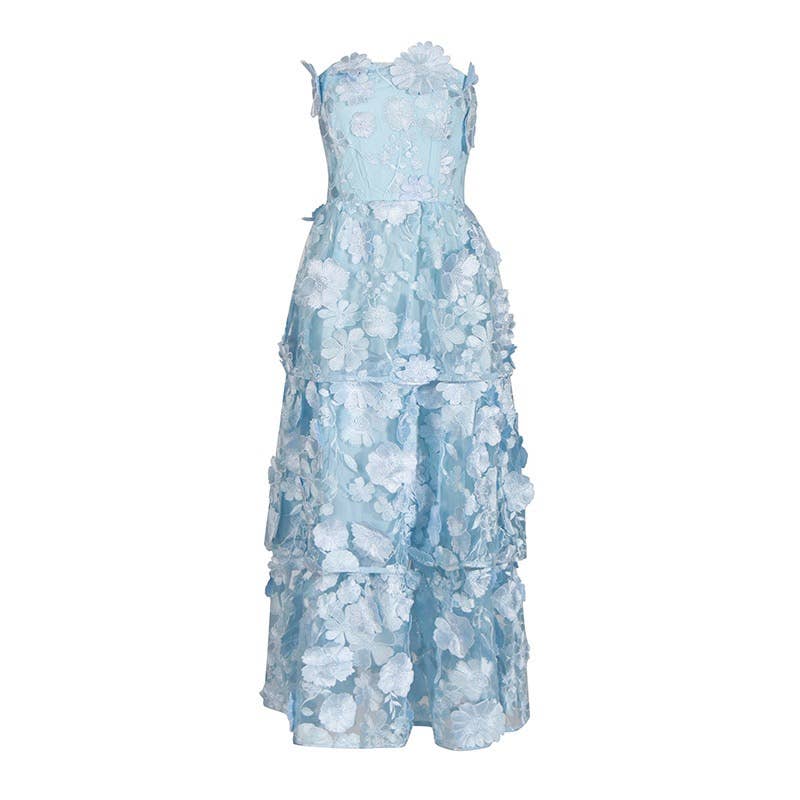 Blue 3D Flower Strapless Dress