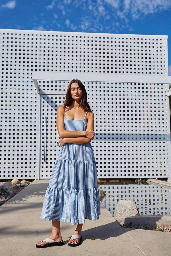 Blue Striped Sleeveless Maxi Dress
