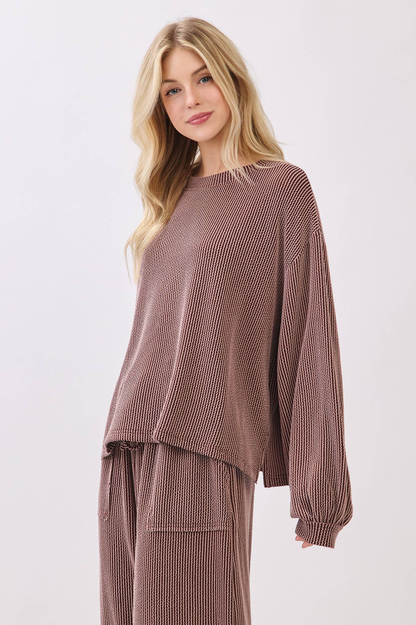 Brown Ribbed Knit Top and Wide Leg Pants Set
