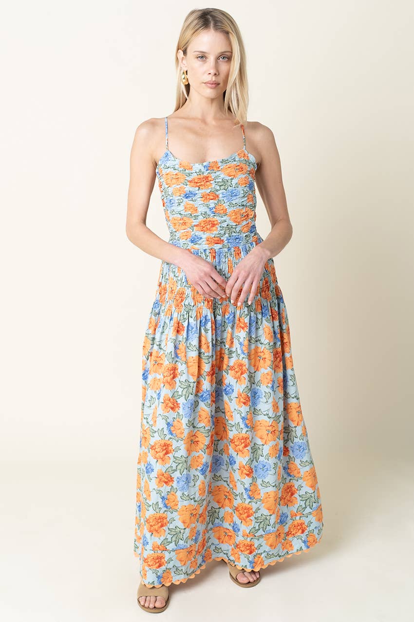 Blue & Orange Blossom Smocked Maxi Dress