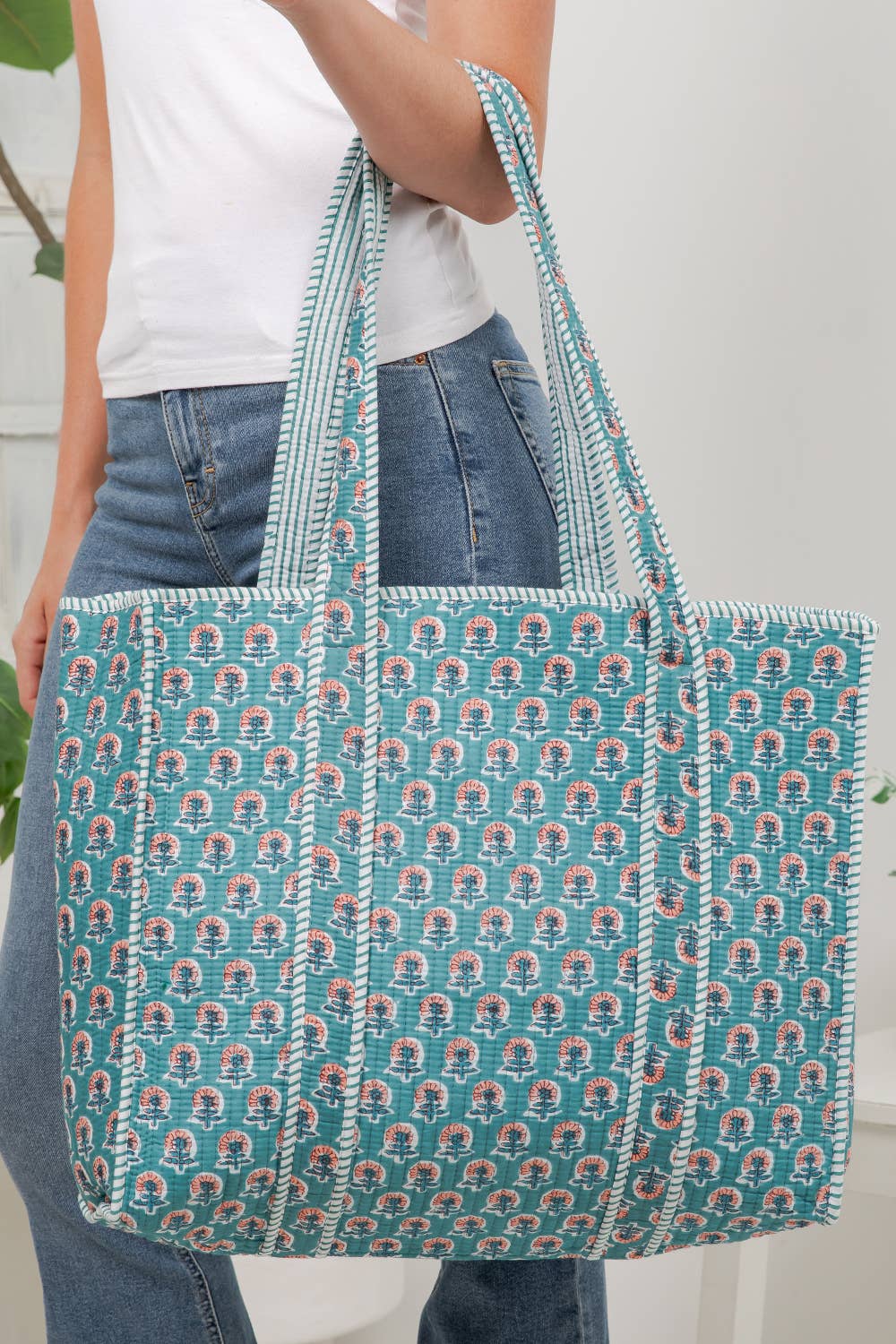 Teal Floral Quilted Cotton Tote Bag
