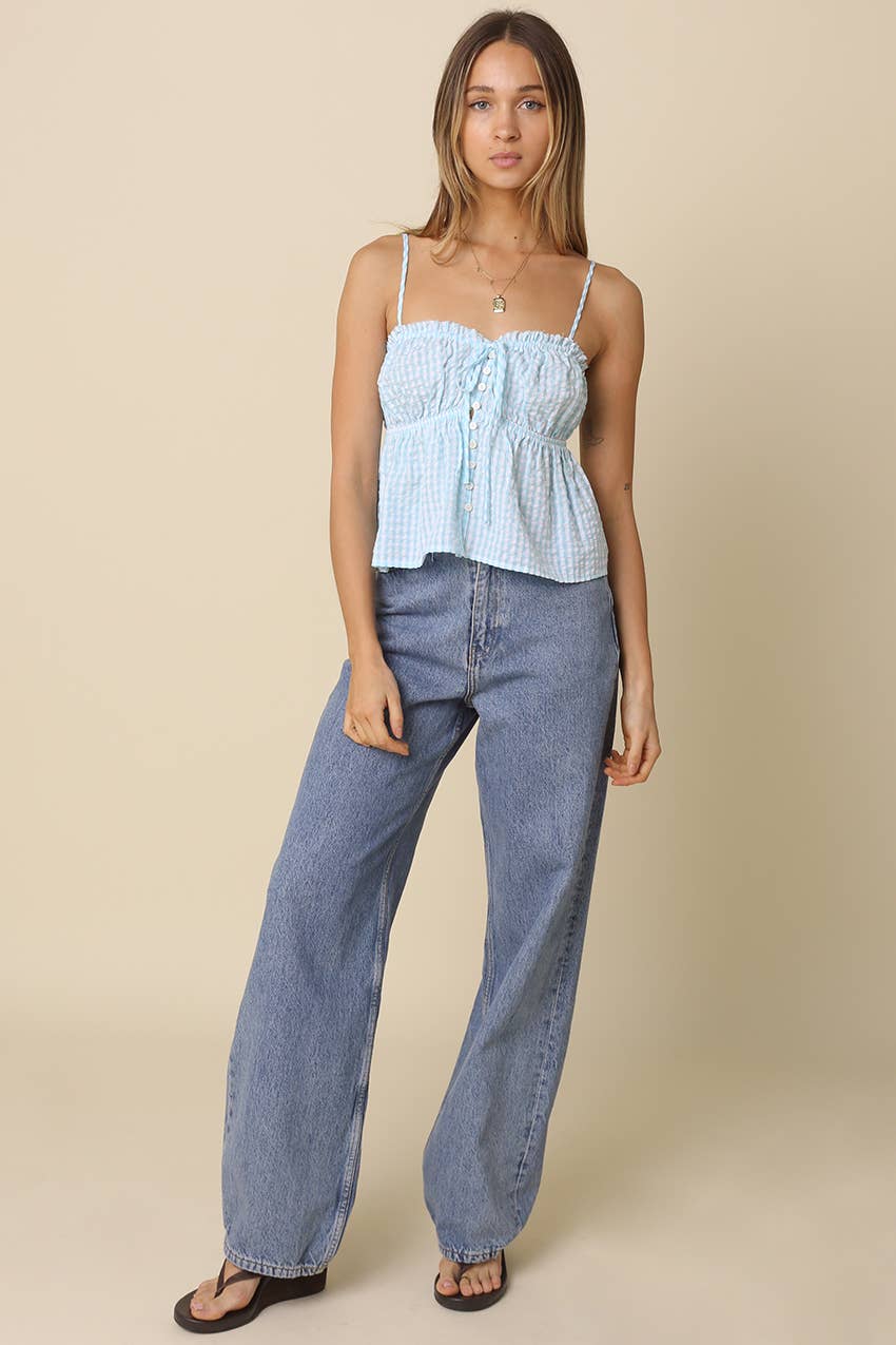 Blue Button-Front Peplum Cami Top