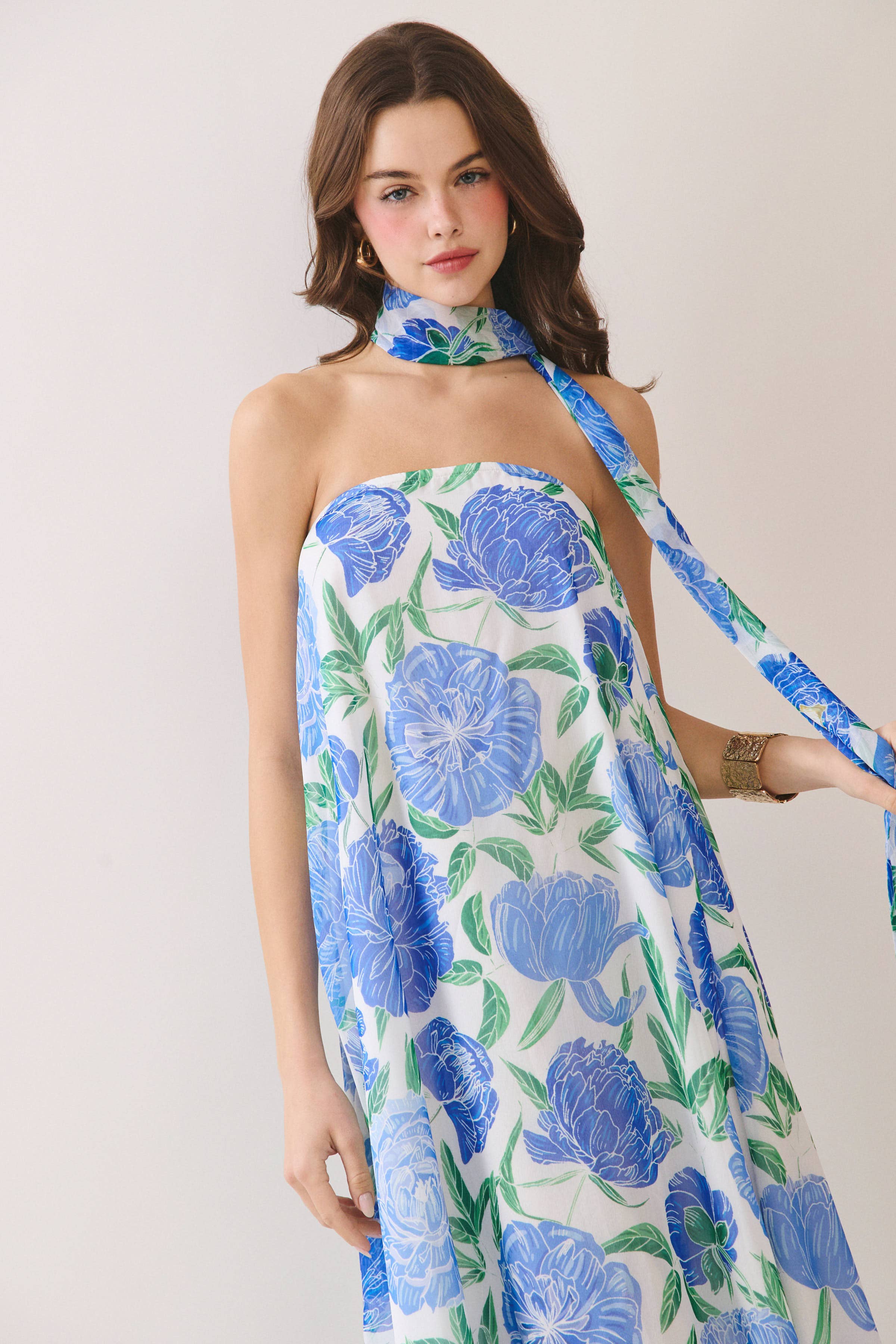 Strapless Floral Maxi Dress with Scarf