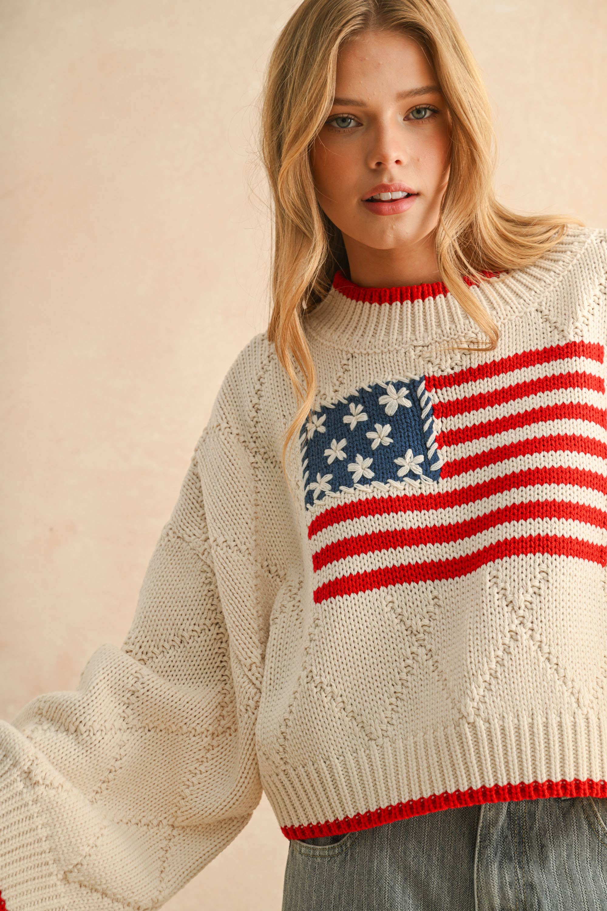 Cream American Flag Front Sweater Top