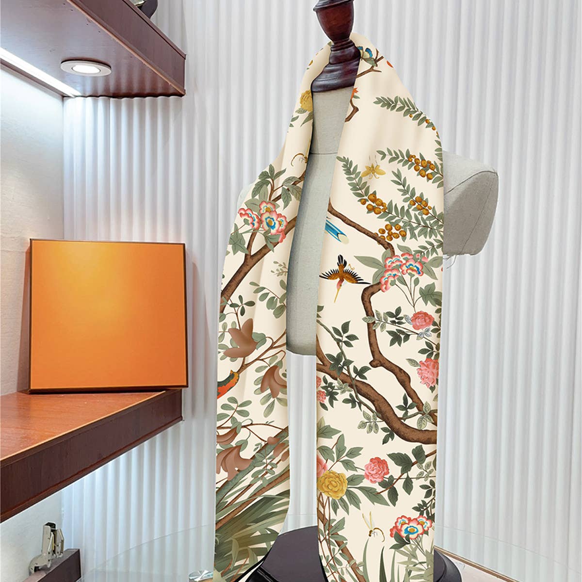White Jungle Birds Twill Silk Sun Scarf in 100% Polyester