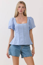 Blue Square Neck Puff Sleeve Top