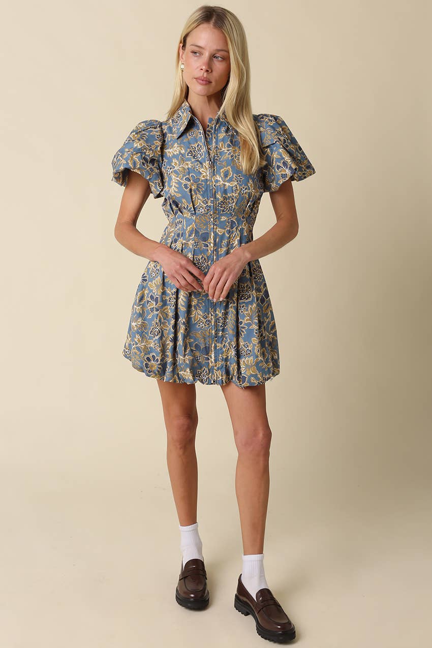 Blue & Gold Floral Mini Dress