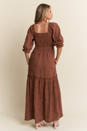 Brown Floral Embroidered Maxi Dress