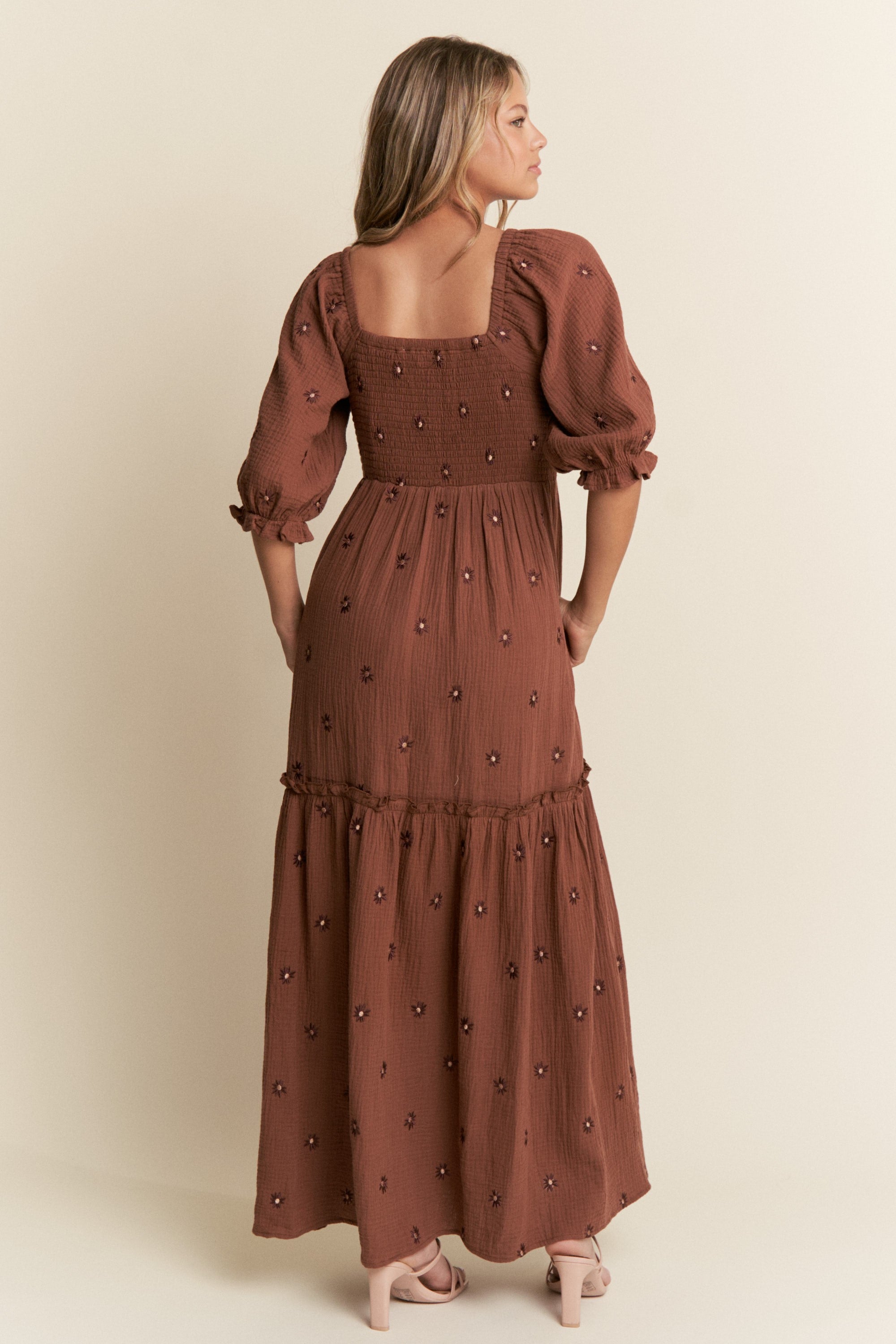 Brown Floral Embroidered Maxi Dress