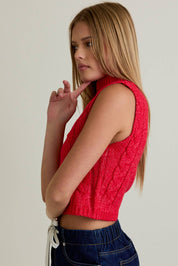 Red Mock Neck Cutout Crop Sweater