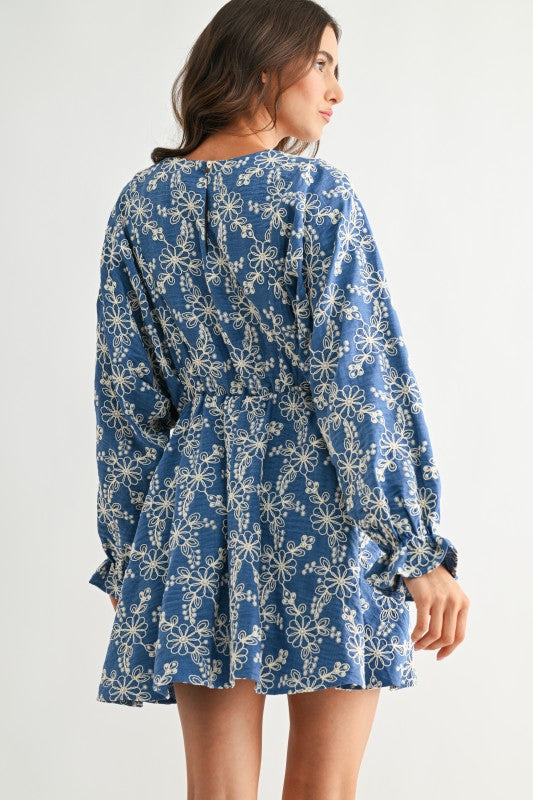 Blue Embroidered Long Sleeve Mini Dress