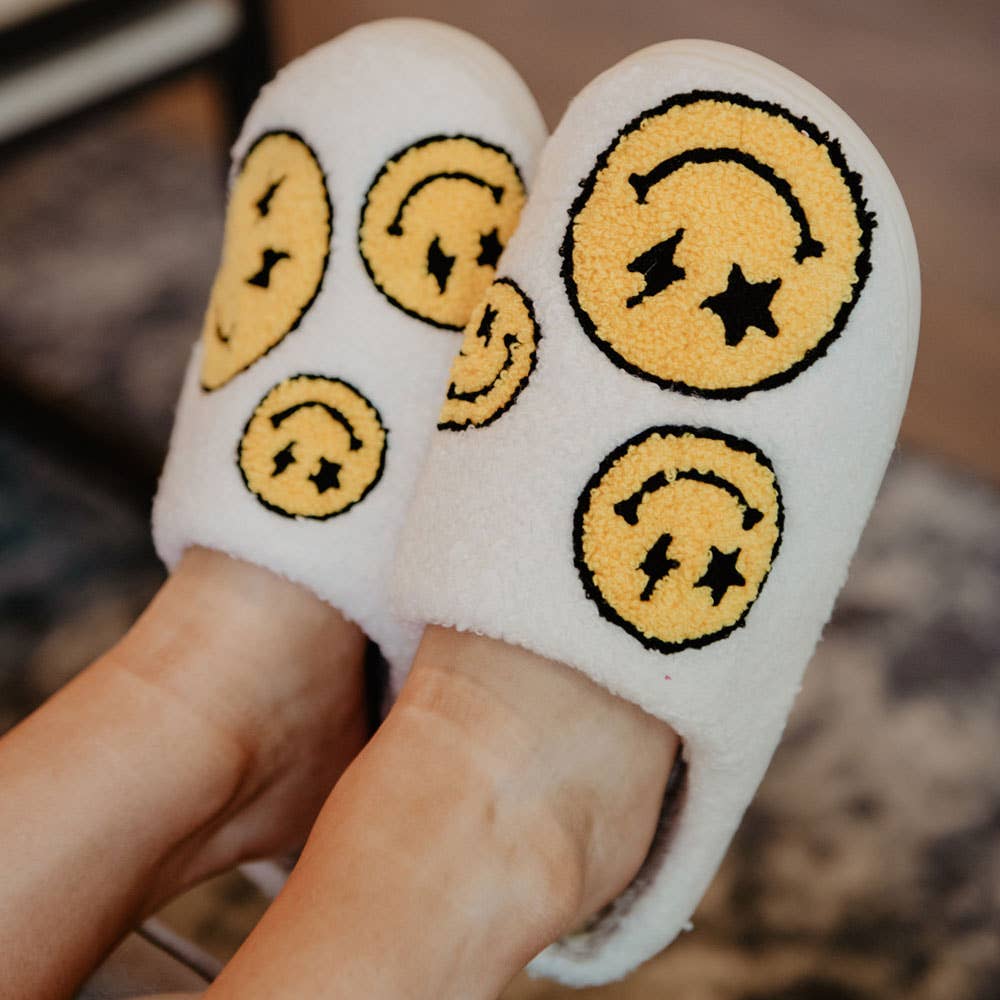 Star and Lightning Eyes Happy Faces Slippers: White
