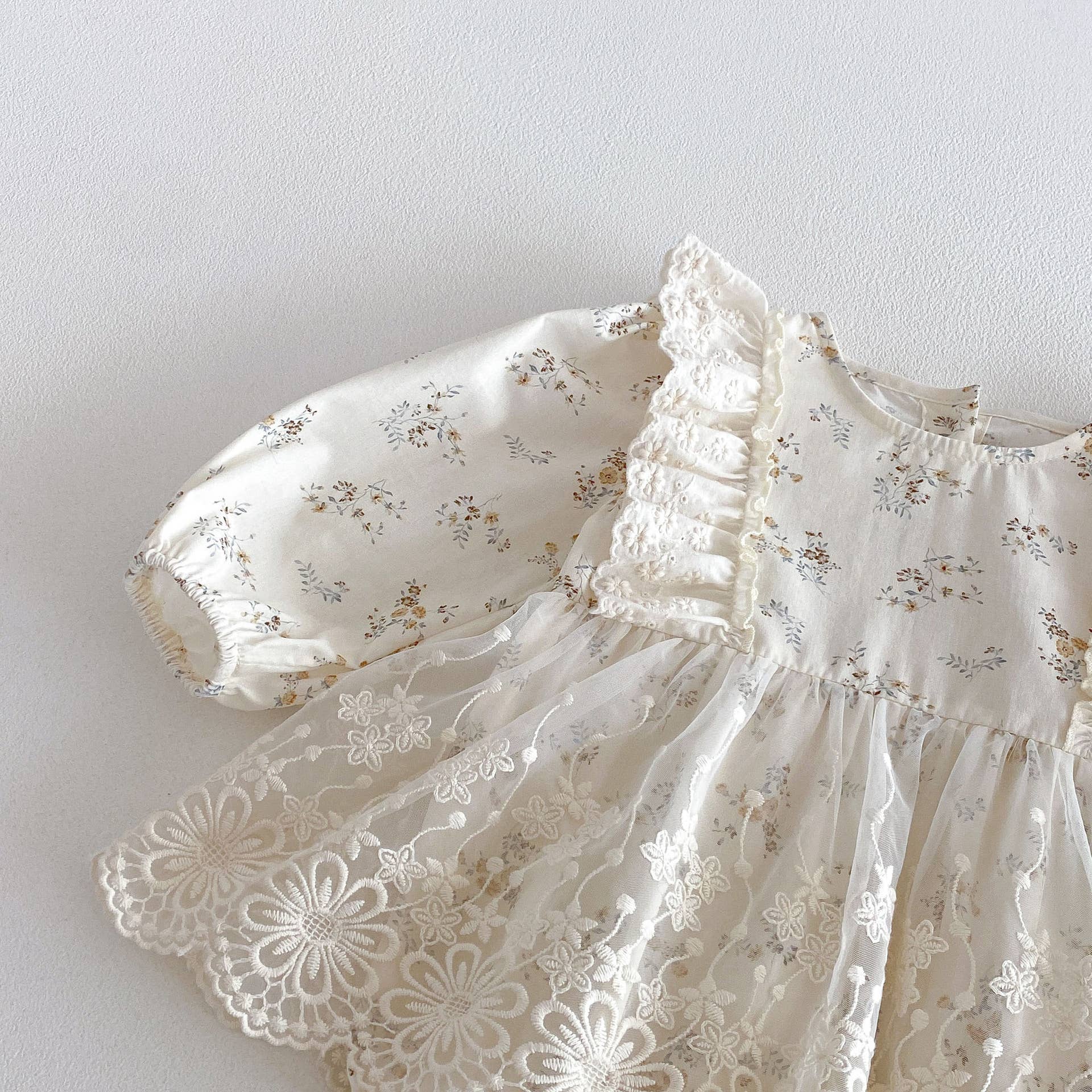 Ivory Floral Lace Baby Romper with Bonnet Set