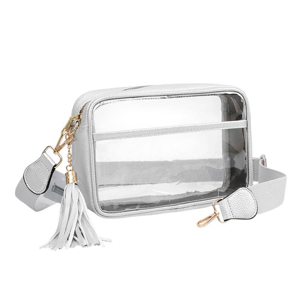 Faux Leather Transparent Rectangular Crossbody Bag: Clear,Silver