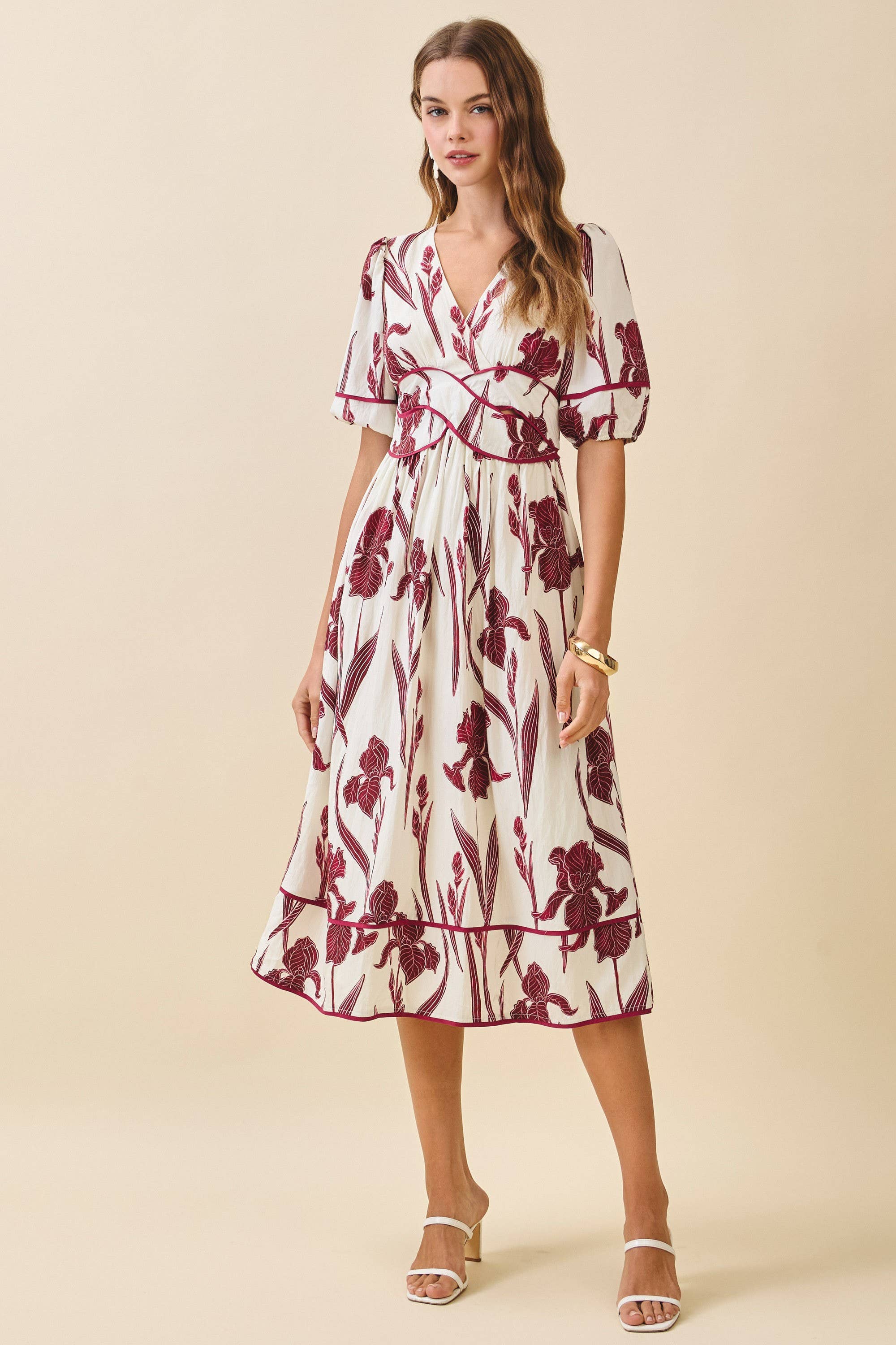 Floral Print Piping Puff Sleeve Dress