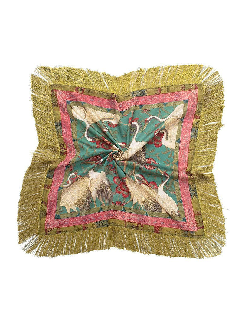 Green Floral Crane Print Square Scarf