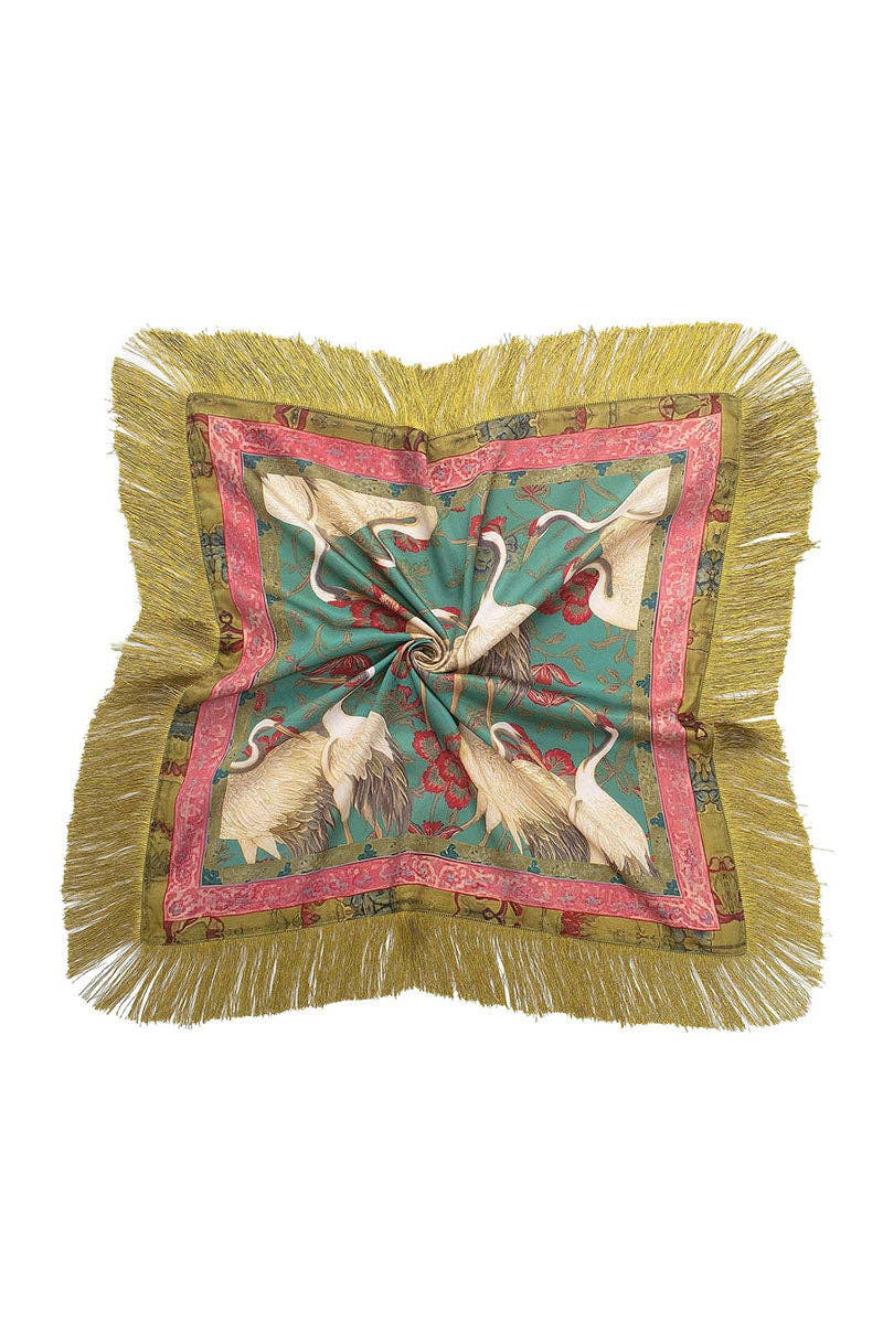 Green Floral Crane Print Square Scarf