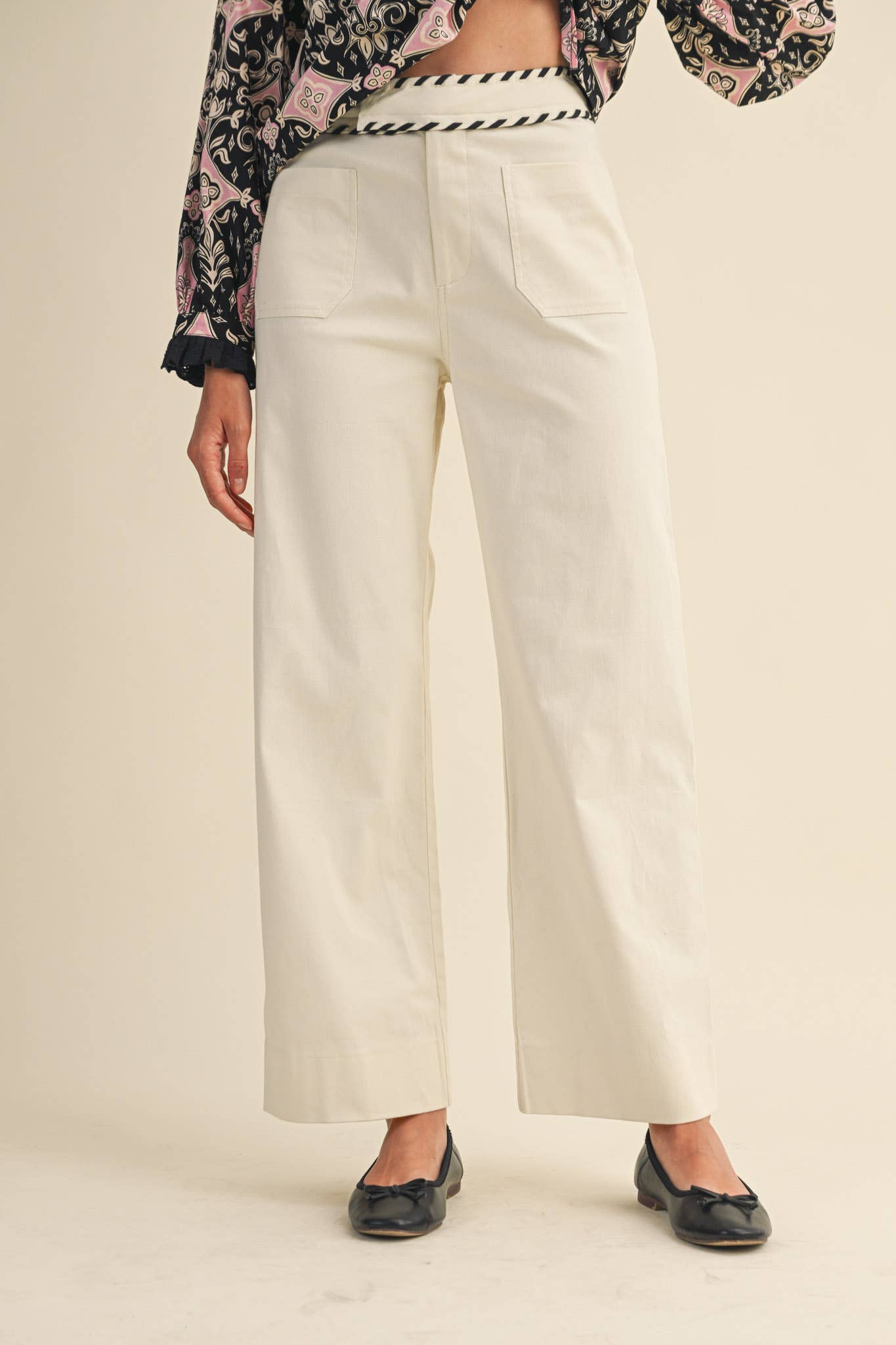 Ecru High Waist Wide Leg Pants