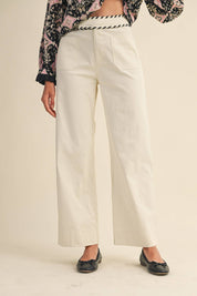 Ecru High Waist Wide Leg Pants