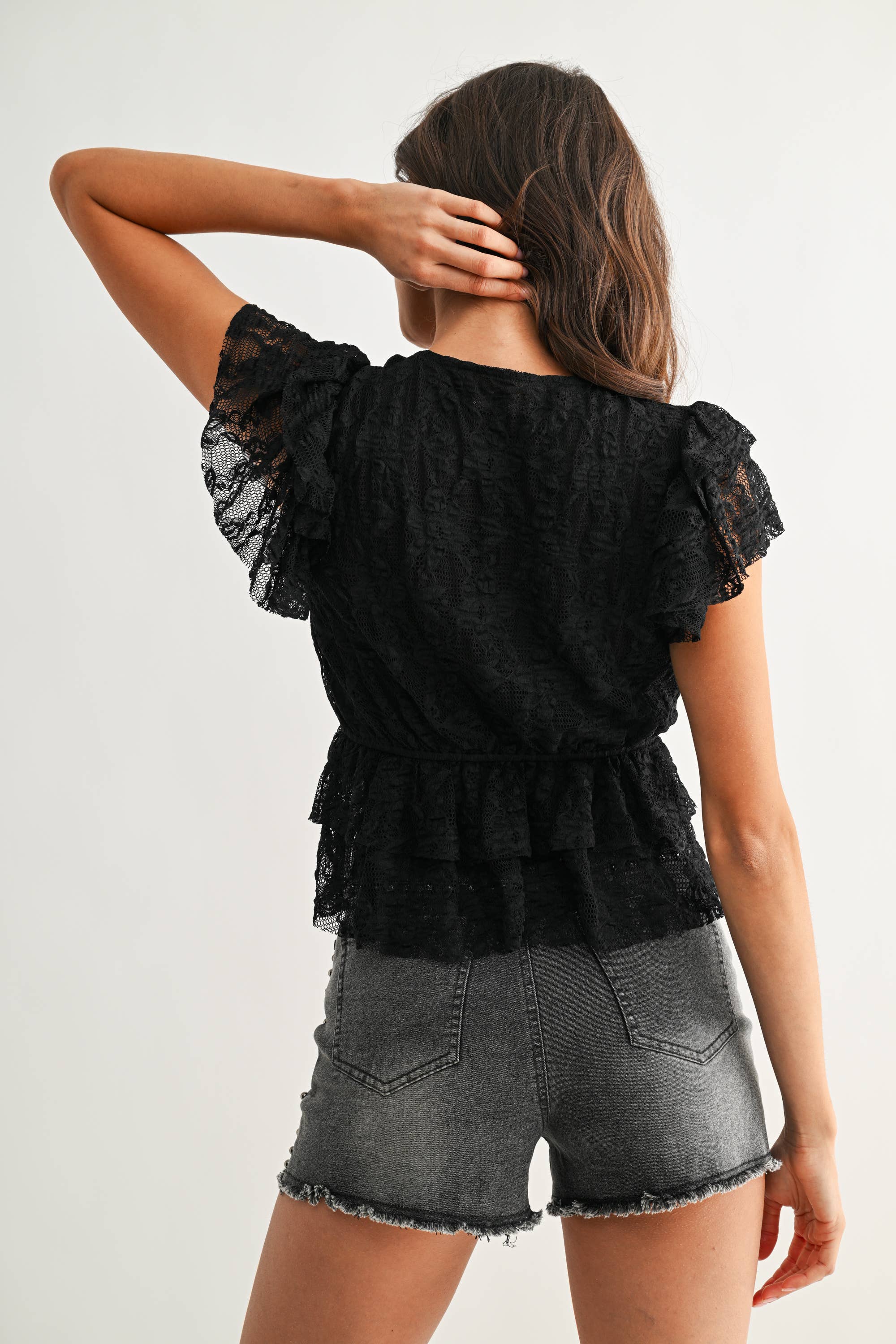 Black Lace Ruffled Blouse