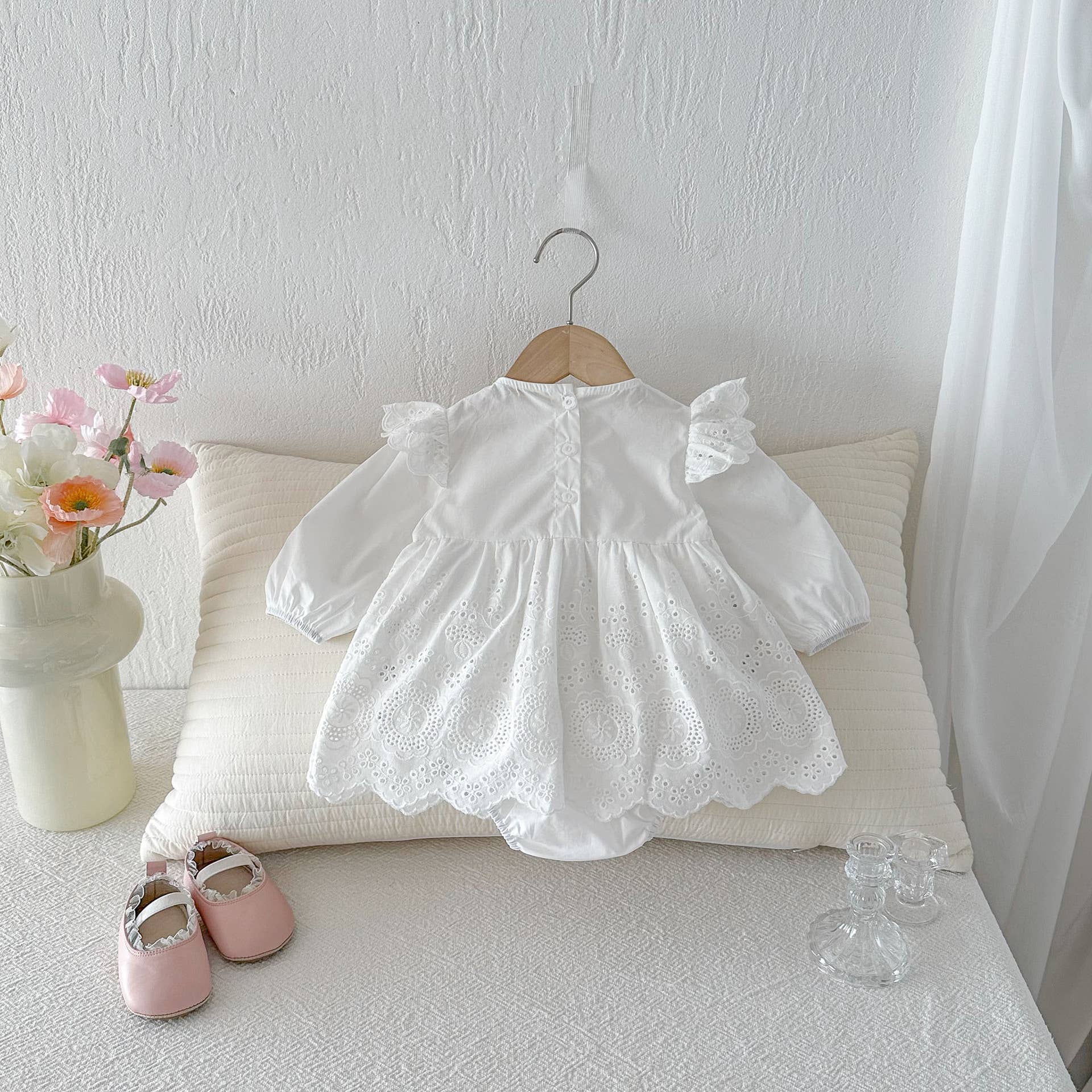 White Lace Baby Romper Dress with Bow Detail