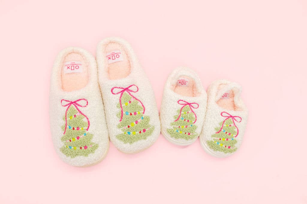 Kids Pink Bow Christmas Tree Slippers