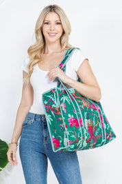 Green Bird Quilted Tote Bag
