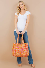 Orange Floral Quilted Tote Bag