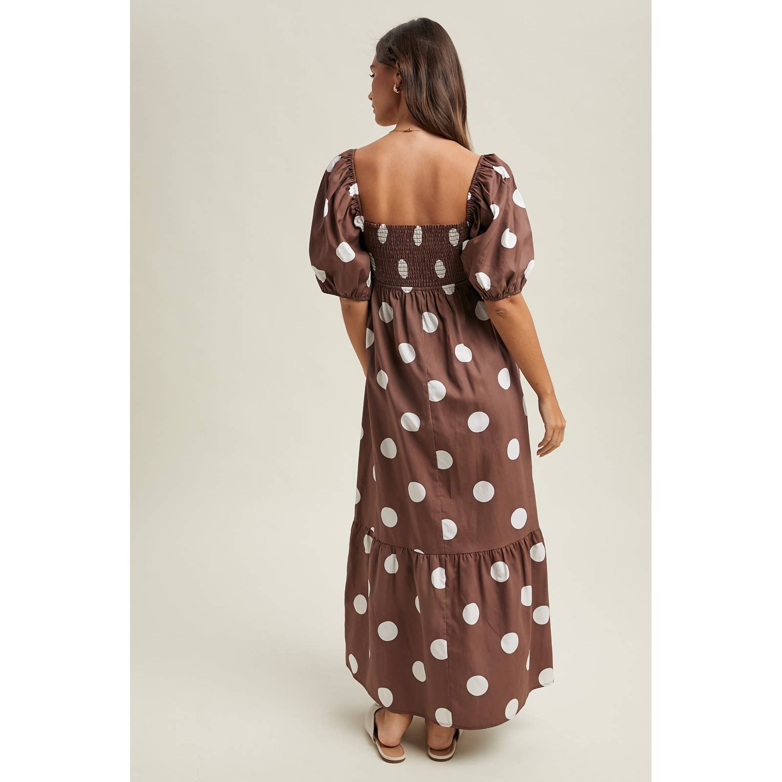 Brown Polka Dot Puff Sleeve Dress
