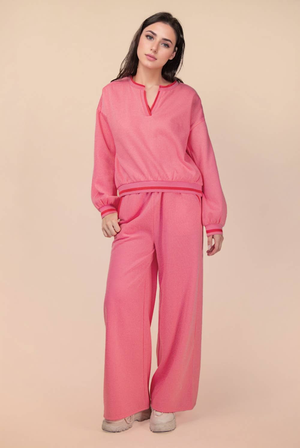 Pink Color Band Detail Comfy Set