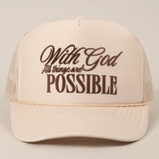 With God All Possible Trucker Hat/ Tan — 5 panel trucker hat and breathable mesh back hat