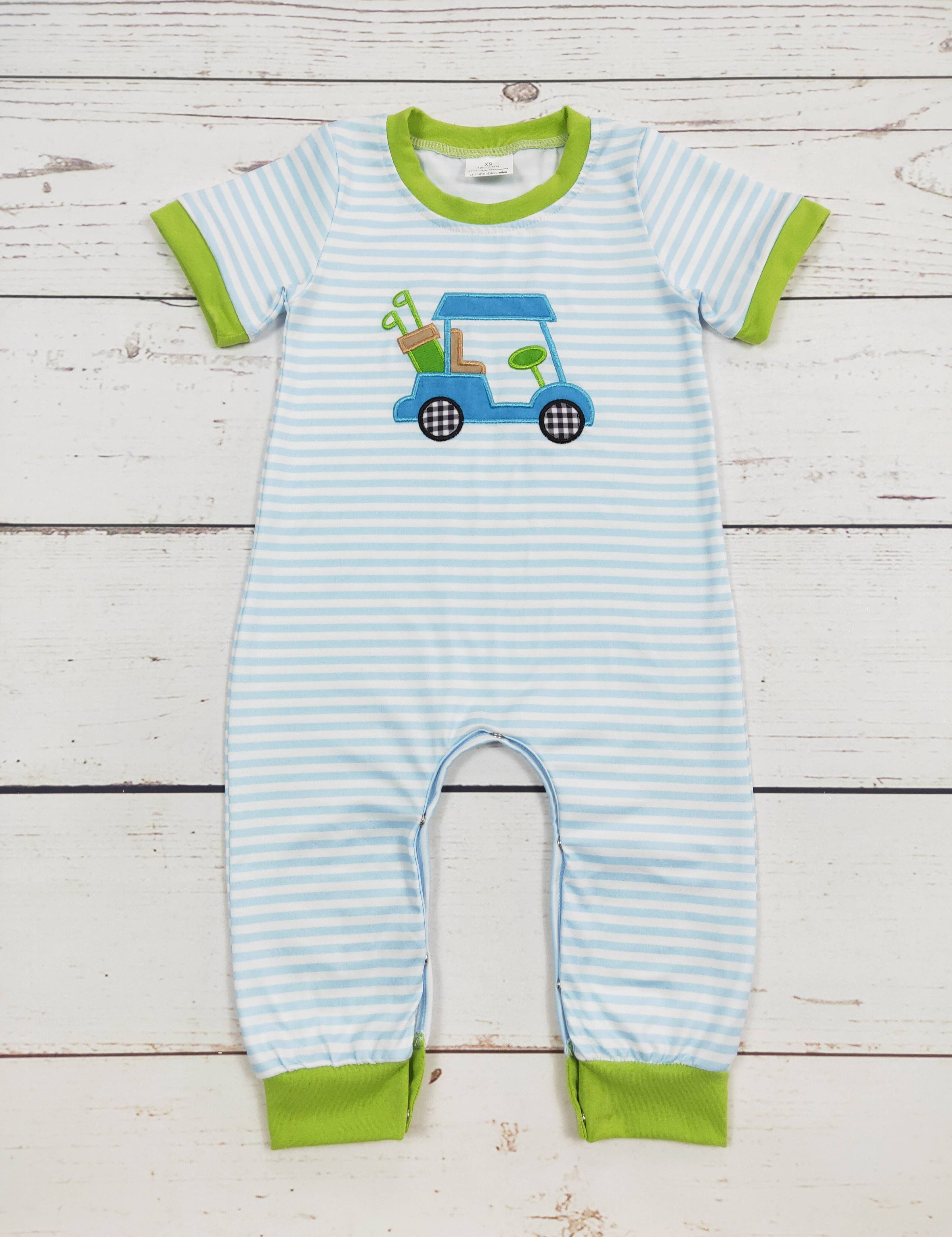 Baby Boy Golf Cart Stripe Romper — color: light blue and white stripe with green trim and round neckline with green binding