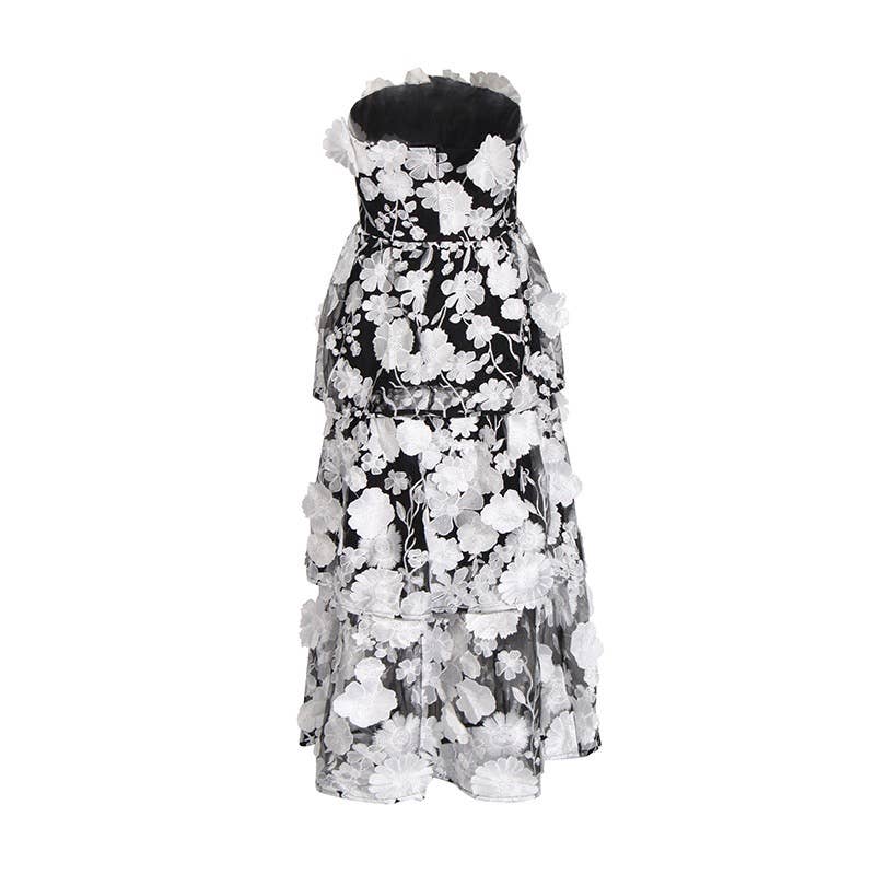 Blue 3D Flower Strapless Dress