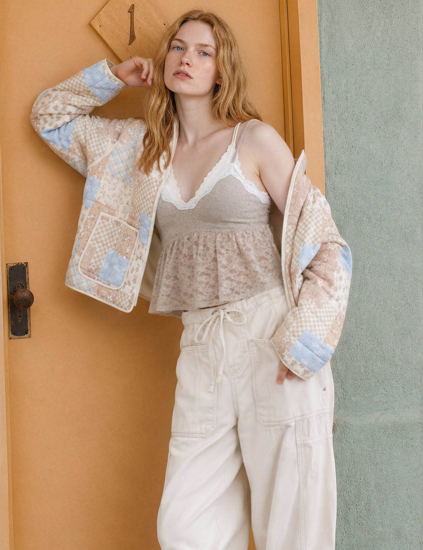Cream Patchwork Quilted Jacket — color: cream, beige and light blue patchwork print and mock neckline with a stand collar