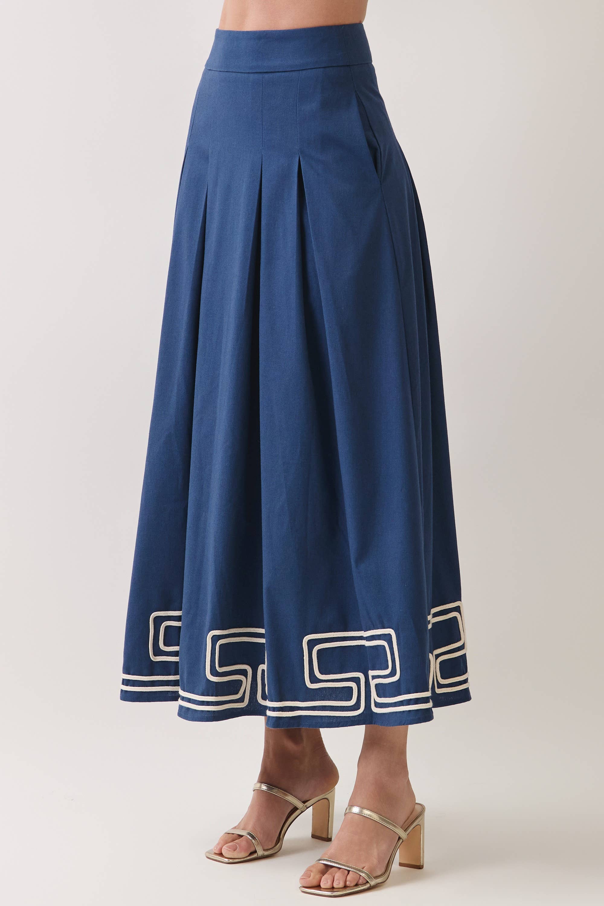 Navy Embroidered Pleated Maxi Skirt