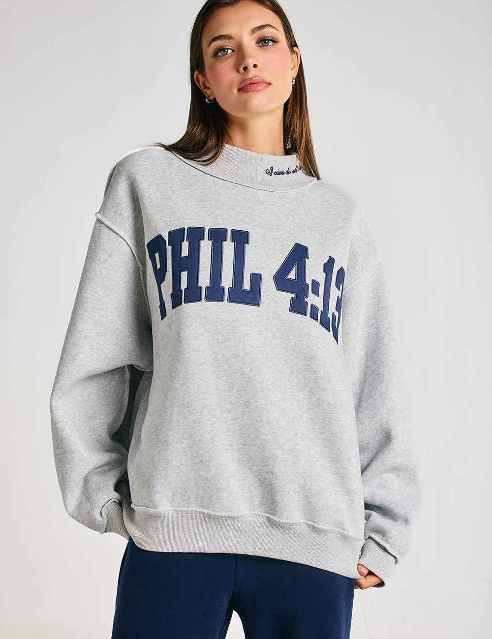 Gray PHIL 4:13 Mockneck showing "PHIL 4:13" applique