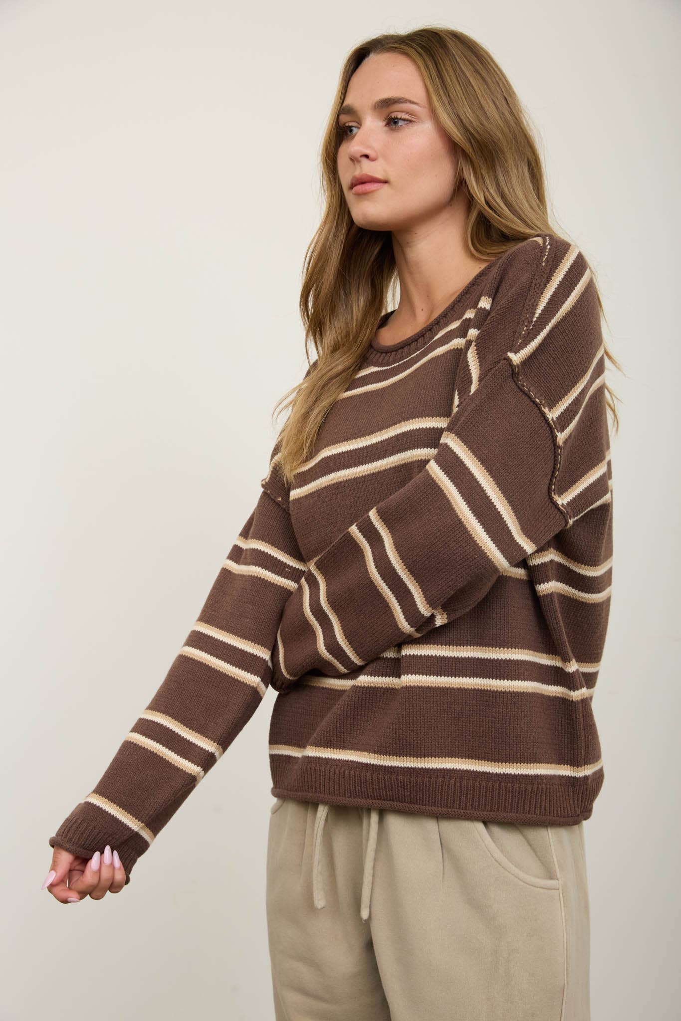 Brown Striped Pullover showing round neckline