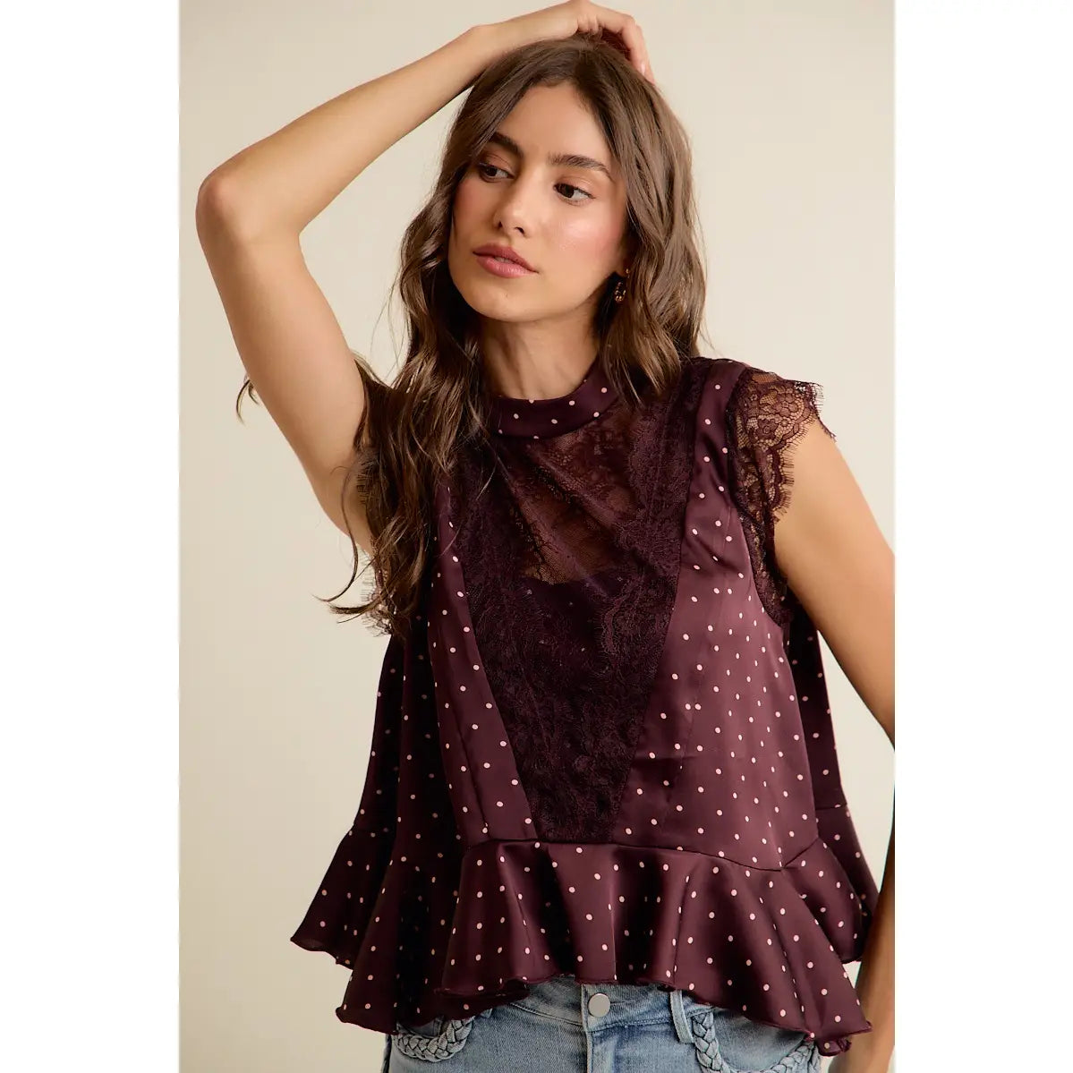 Polka Dot Satin High Neck Top — high neck and lace trim