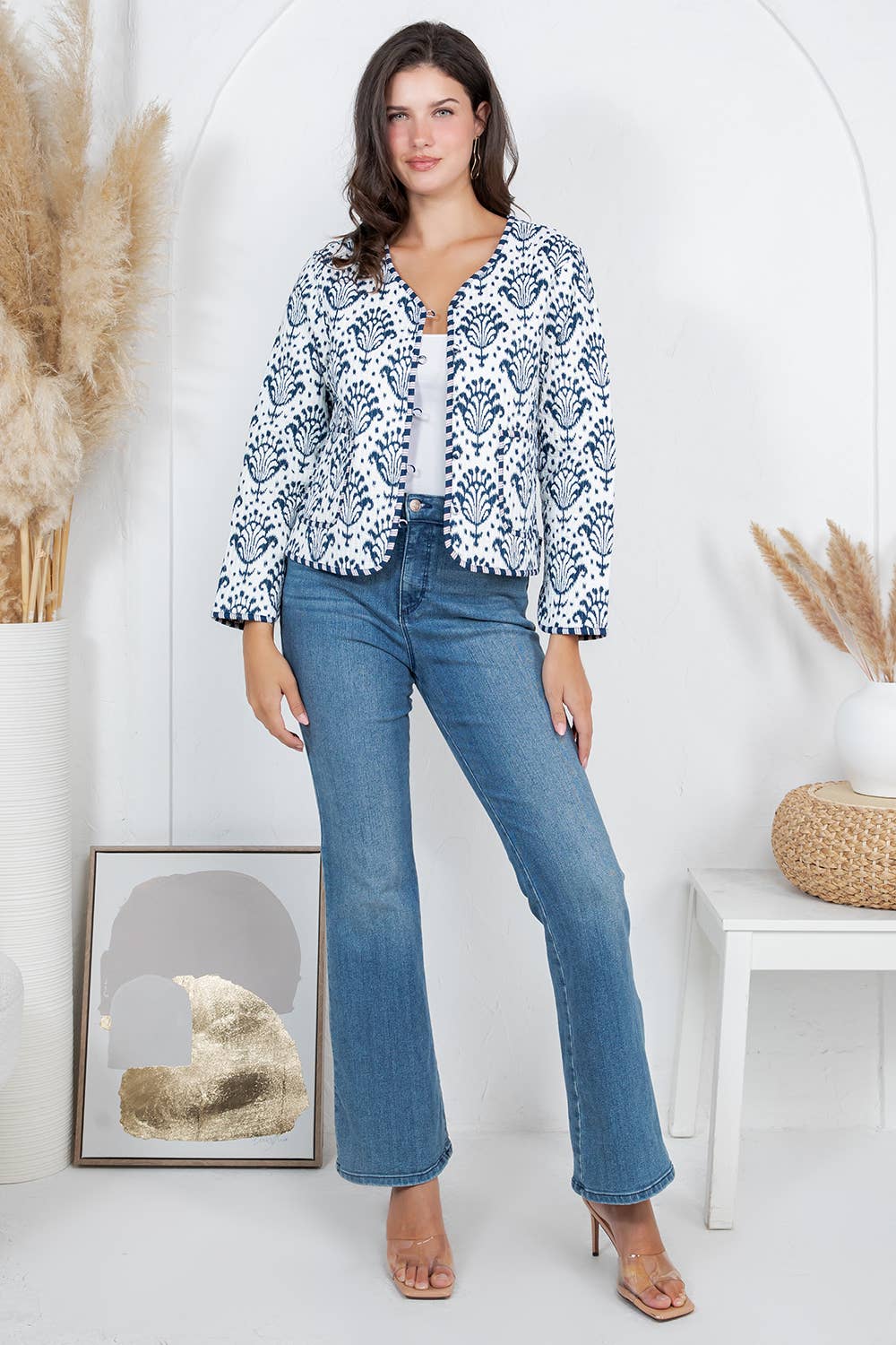 Blue & White Floral Print Quilted Jacket