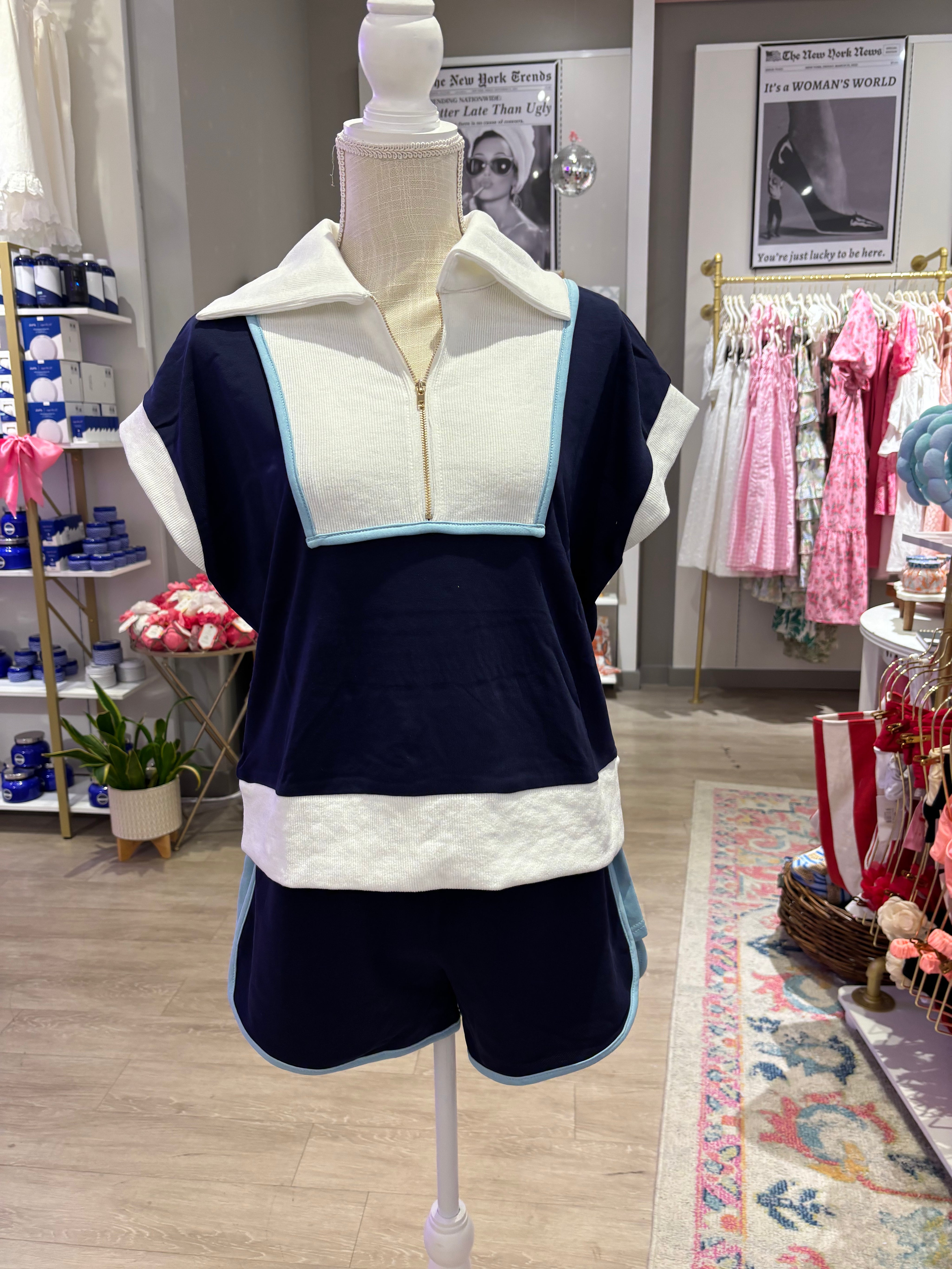 Navy Color Block Shirt & Shorts Set