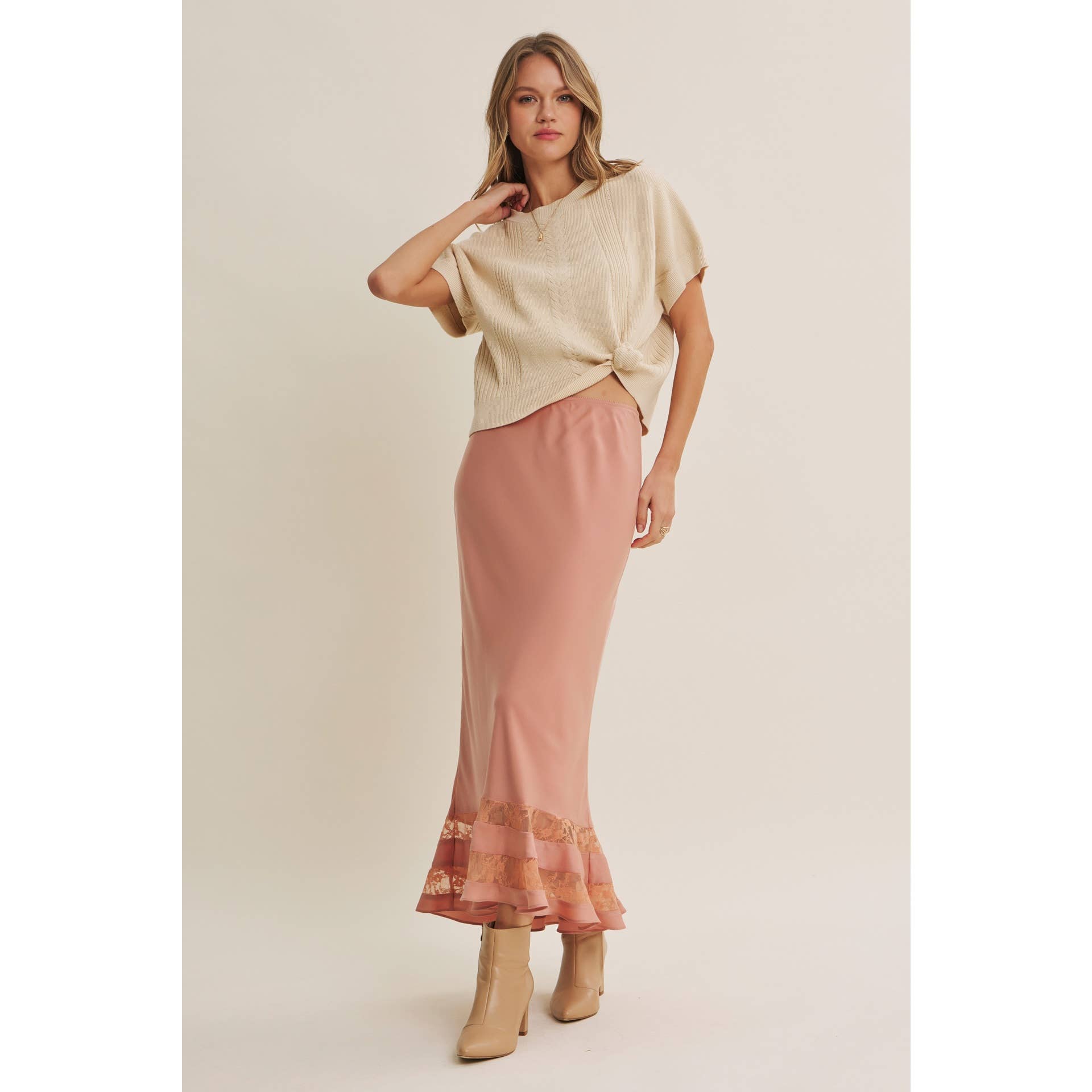 Coral Satin Lace Maxi Skirt