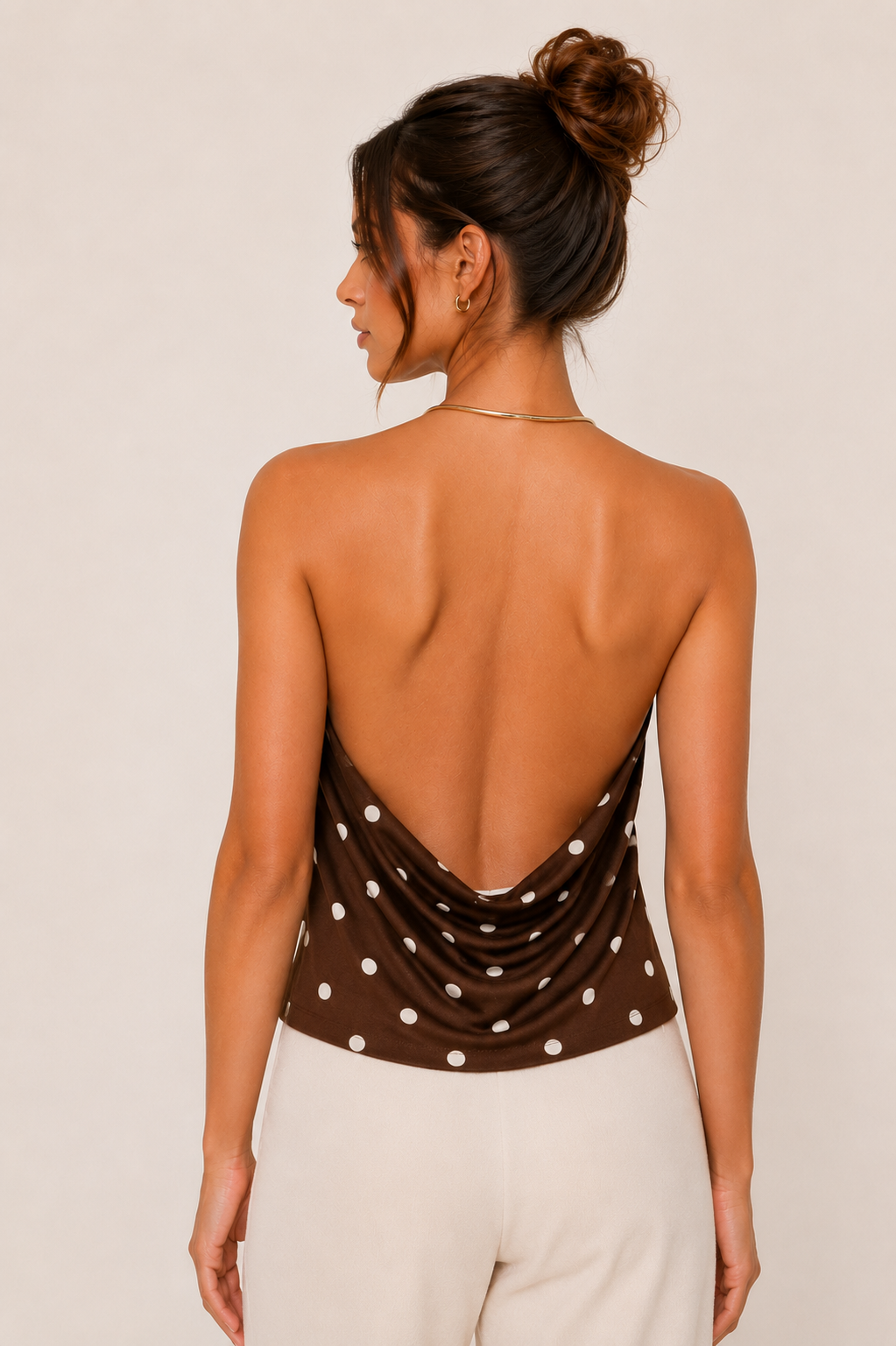 Brown Polka Dot Halter Top showing gold neck detail