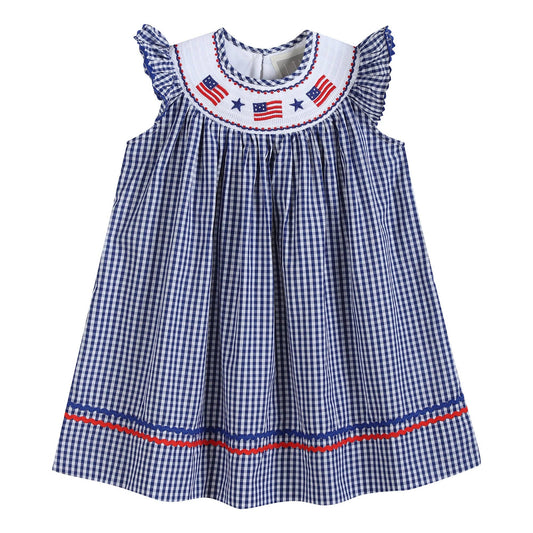 Royal Blue Gingham American Flag Smocked Bishop Baby