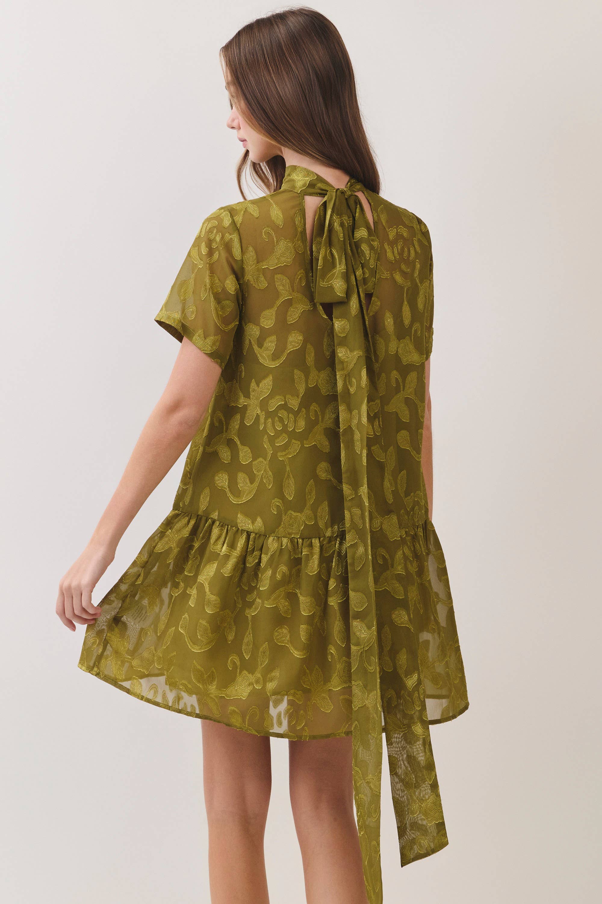 Green Floral Jacquard Tie-Neck Mini Dress