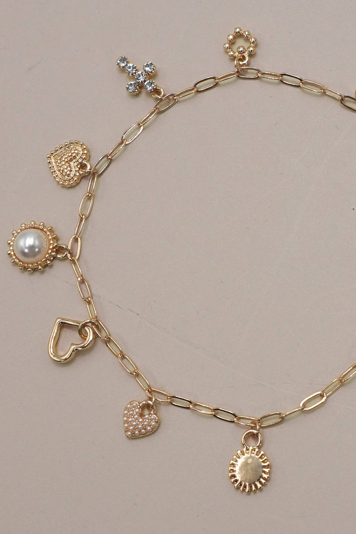 CHARM BRACELET-LINK CHAIN HEART PEARL CROSS CHARMS