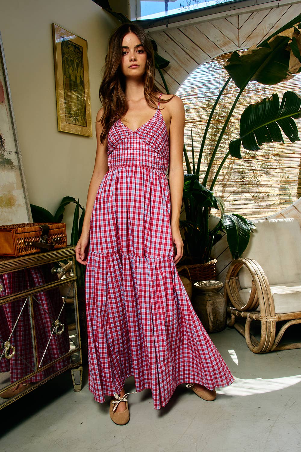Red Gingham Smocked Maxi Dress