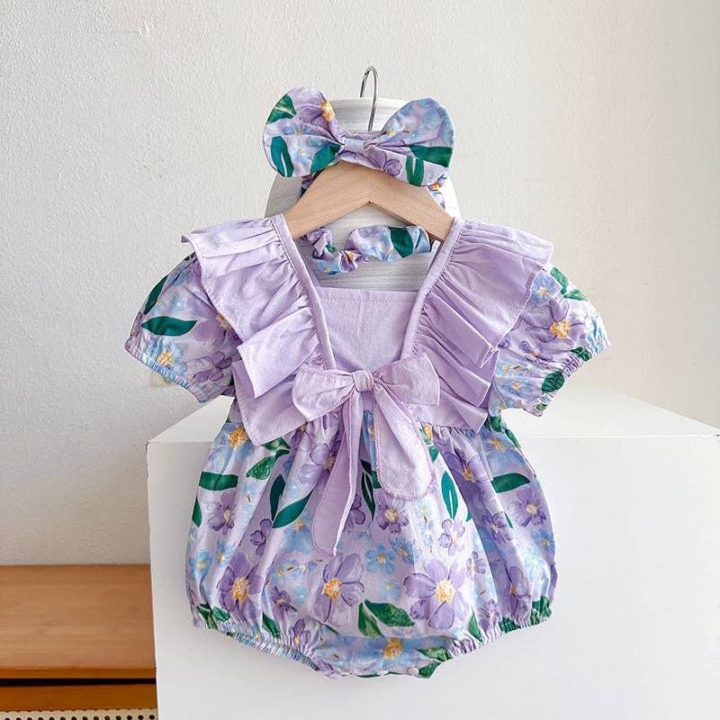 Purple Floral Baby Girl Romper w/ Headband