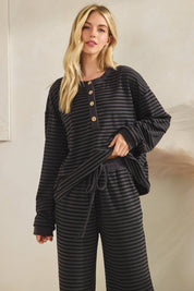 Striped Button Henley Brushed Lounge Set