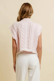 Light Pink Cable Knit Sweater Vest showing mock neckline