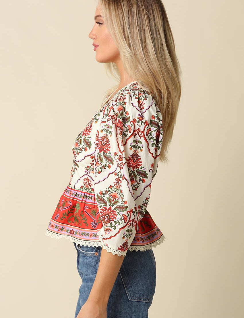 Cream Floral Peplum Blouse showing floral print